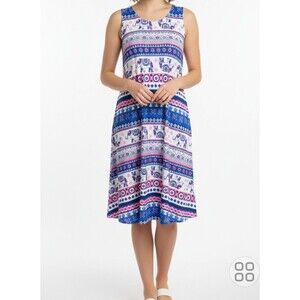 Bobbie Brooks Sleeveless Elephant Print Keyhole Sundress Pink-Blue, Large
